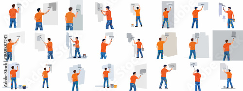 Collection of vector illustrations depicting a man in various poses painting a wall with a roller, symbolizing home renovation, DIY projects, and professional painting.