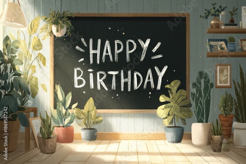birthday postcard chalkboard displays words happy birthday in room filled with green plants and wooden shelves. Sunlight shines through window, creating warm atmosphere