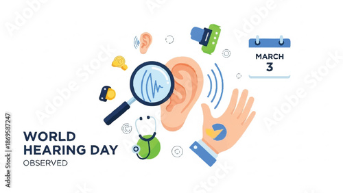 World Hearing Day Observed with Ear Magnifying Glass and Calendar.