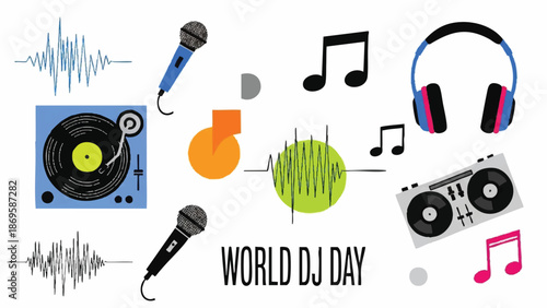 World DJ Day Celebration with Music Equipment and Sound Waves.