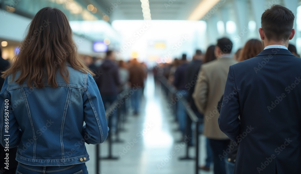 Fototapeta premium Long queues at passport control in busy airport terminals.