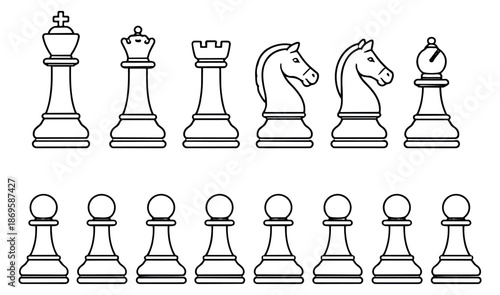 Line art chess set featuring king, queen, rook, knight, bishop, and pawns for game design