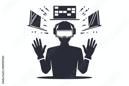 Cyber Hacker Silhouette Wearing VR Headset in Metaverse Concept for Virtual Reality Technology