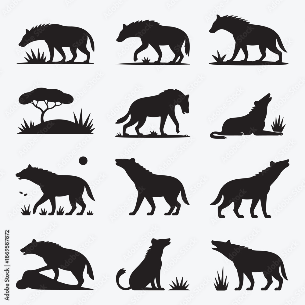 Obraz premium A comprehensive collection of wild and farm animal silhouettes featuring a black vector set of a lion, elephant, horse, dog, and wildlife icons for nature illustrations