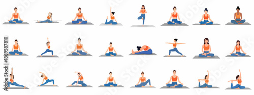 Set of various yoga and meditation poses. Flat vector illustration collection featuring a woman practicing different fitness, flexibility, and stretching exercises for health and wellbeing.