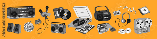 Black and white set of retro musical items. Boombox with compact discs, old vinyl and tape cassette players, headphones, microphones and speakers to play music. Flat isolated vector illustrations.
