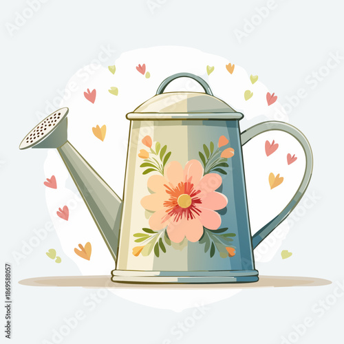 Charming vintage watering can with a delicate floral pattern illustration.