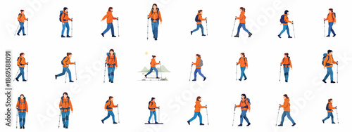 Various poses of a woman hiking or trekking with backpack and poles, vector set for outdoor adventures and physical activity.