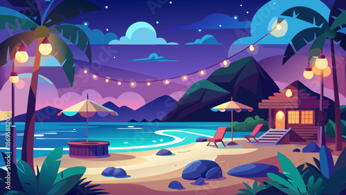 Tropical beach night scene with palm trees and string lights Vector