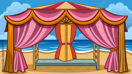 Beachside wedding canopy with pink drapery Vector