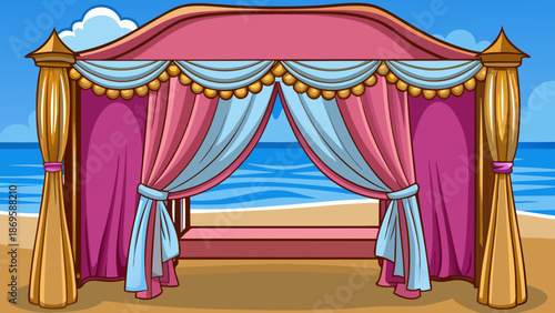 Luxurious beachside canopy with pink and blue curtains Vector