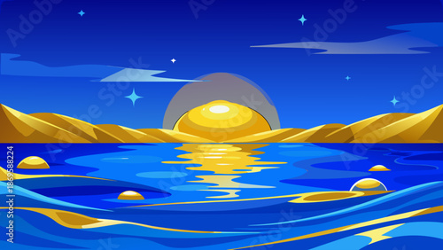 Serene sunset over water with stars and mountains Vector
