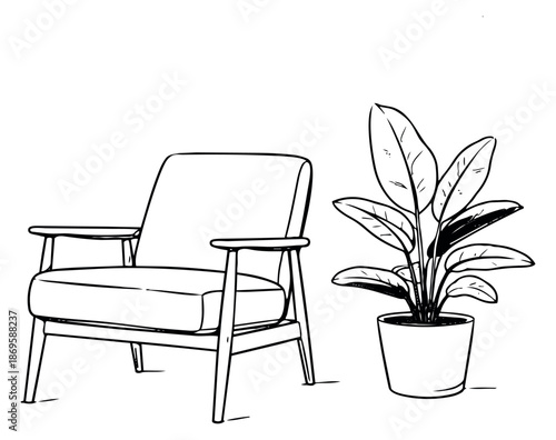 Hand drawn line art home decor set featuring an armchair and potted plant for interior design projects