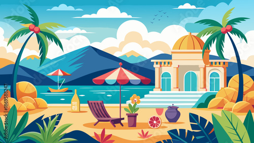 Tropical beach resort with palm trees and leisure elements Vector