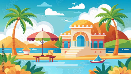 Tropical beach villa with palm trees and boat Vector
