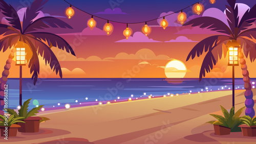 Tropical sunset beach with palm trees and string lights Vector