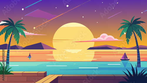 Tropical sunset over the ocean with palm trees Vector