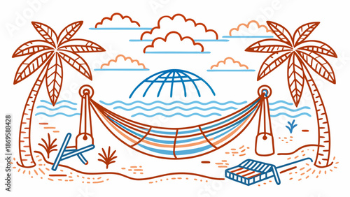 Tropical beach hammock with palm trees and sun loungers Vector