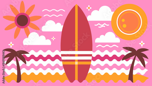 Vibrant tropical beach surfboard illustration Vector