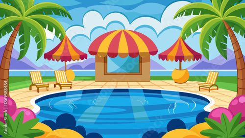 Tropical poolside paradise with palm trees and beach umbrellas Vector