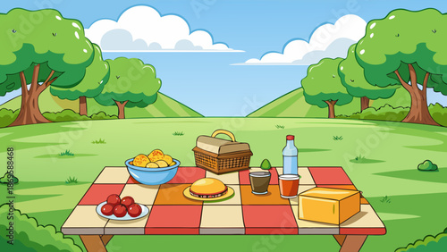 Pleasant picnic in a park with fruits and drinks Vector