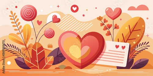 Vibrant heart themed postcard illustration with flowers and love letters, perfect for valentine card and any design needs
