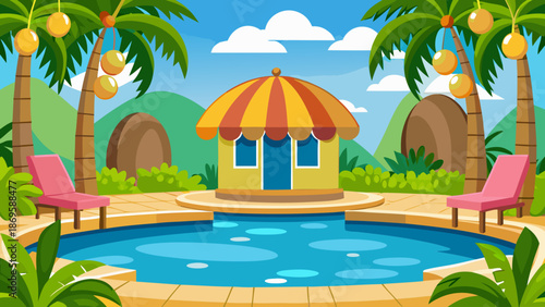 Tropical poolside cabana with palm trees Vector