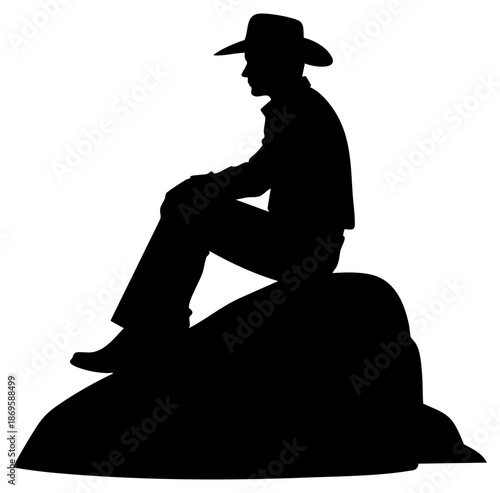 Cowboy Silhouette Sitting on Rock with Western Hat Isolated on Transparent Background