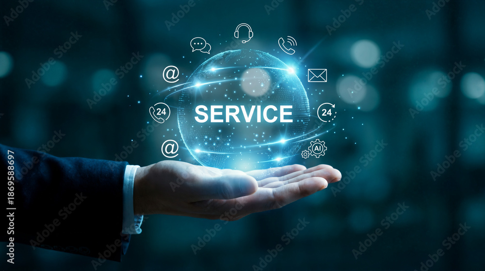 © StockSphere - Customer service and support solution, Businessman offering digital support with global communication icons. Contact us page, online helpdesk, 24/7 service, Ai chatbot, email, Ai assistance.