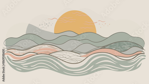 Minimalist sunset over wavy mountains Vector