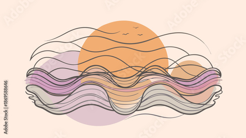 Minimalist sunset over wavy landscape Vector
