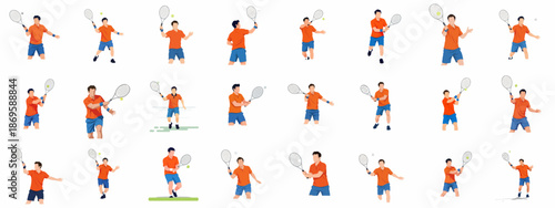 Vector Illustration Set of a Male Tennis Player Performing Different Actions: Serving, Hitting Forehand, Backhand, and Volley Shots in a Flat Design Style.