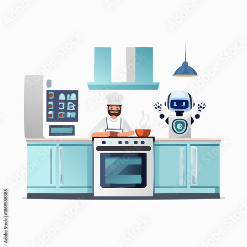 Chef and Robot Cooking Together in Modern Kitchen.
