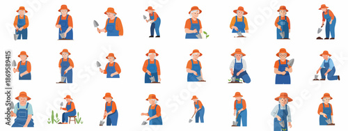 A collection of illustrations featuring a senior woman gardener in various poses, working the soil and planting seedlings with a hand trowel.