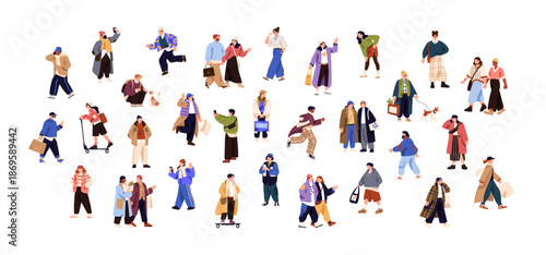 Set of stylish tiny people outdoors. Men and women in fashion coats are walking, stroll dog, ride scooter, running, skateboarding. Crowd is on city street. Flat isolated vector illustration on white.