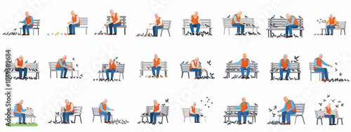 Elderly man sitting on a park bench feeding birds, interacting with pigeons and sparrows, large vector character set illustration.