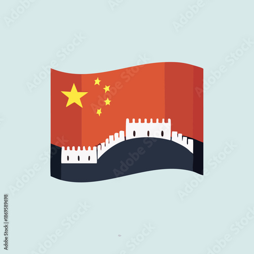 Chinese Flag and Great Wall of China Illustration.