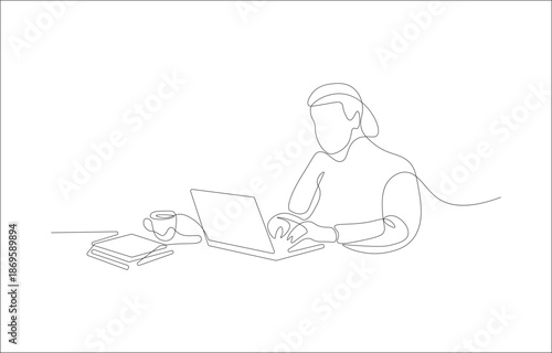 Office Worker at Desk – Minimalist One Line Illustration for Marketing, Presentation, and Website Banner