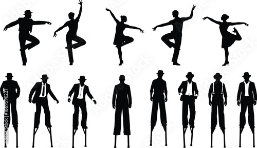 Set of silhouettes of dancers performing various moves and circus performers walking on stilts, isolated black vector figures on a white background
