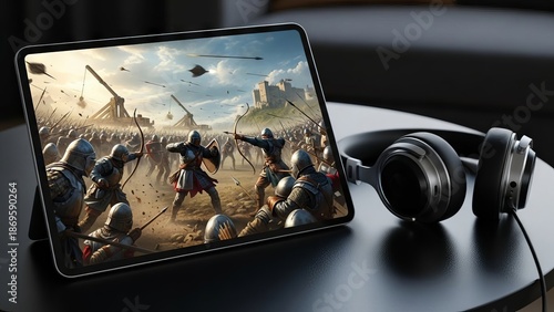 Tablet screen displaying an epic medieval battle scene with soldiers and archery