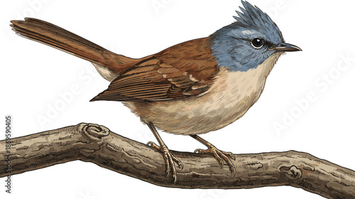 Small songbird perched on tree branch illustration, detailed wildlife bird art, natural nature scene isolated