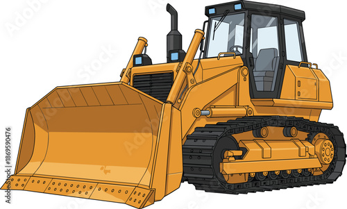 Bulldozer construction vehicle vector illustration, heavy crawler dozer machine, industrial earthmoving equipment isolated background