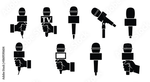 A collection of diverse microphone styles in black silhouette illustrations