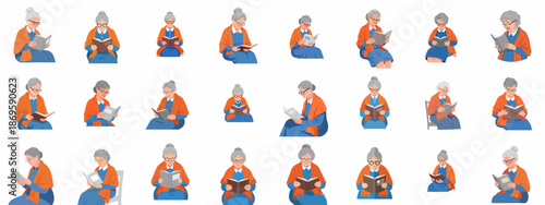 Set of vector illustrations depicting an elderly woman reading books, promoting literacy, leisure, and senior hobbies.