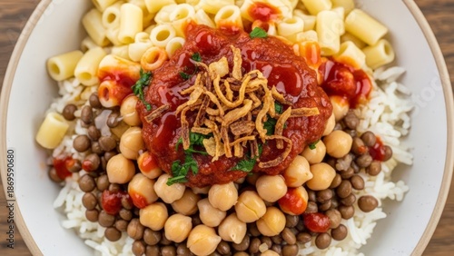Traditional Egyptian Koshari Dish with Rice, Lentils, Chickpeas, Pasta, Tomato Sauce, and Fried Onions