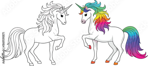 Two unicorns illustration, black and white outline and colorful rainbow mane unicorns, fantasy cartoon vector art for kids design print