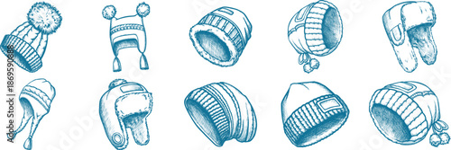 Collection of hand-drawn winter hats beanie trapper hat