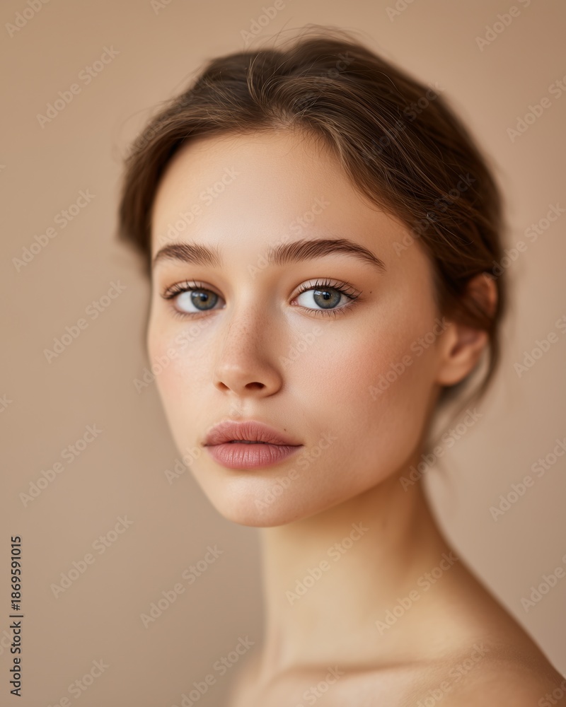 Fototapeta premium Portrait of a young woman with a neutral expression, soft lighting highlighting her features against a warm, neutral background, creating a serene and inviting atmosphere
