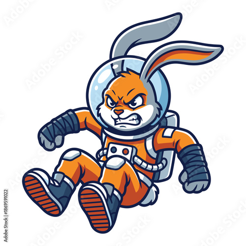 Angry astronaut rabbit character in space suit, sci fi animal mascot cartoon illustration, futuristic adventure concept, action design, vector art