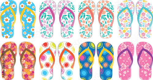 Colorful Floral Patterned Flip- Flops Keywords: flip flops, sandals, footwear, summer, beach